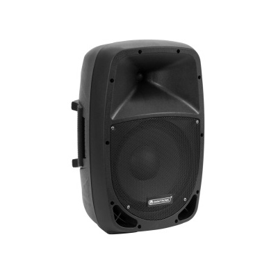 Coluna de som preta com grelha metálica e suporte lateral