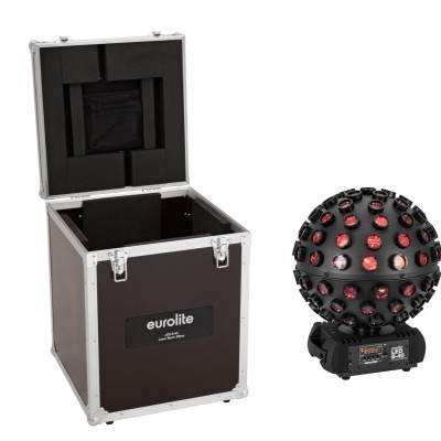 Disco ball LED preto com LEDs vermelhos e caixa de transporte preta