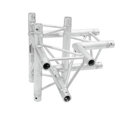 Estrutura metálica prateada com tubos cilíndricos interligados em suporte angular