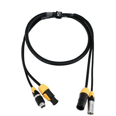 Cabo de áudio preto com conectores amarelos e pretos em fundo branco