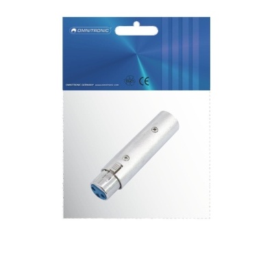 Conector de áudio metálico prateado em embalagem azul e branca