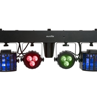 Sistema de iluminação Eurolite com luzes azuis, vermelhas e verdes montadas numa barra preta