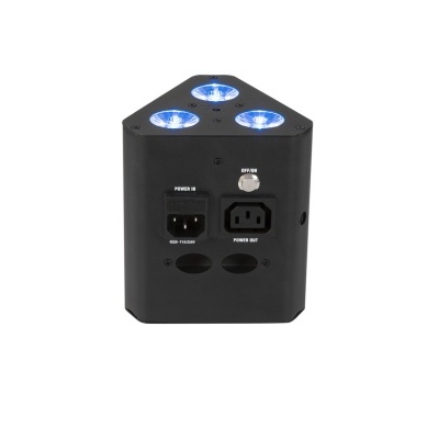 luz cênica triangular preta com três LEDs azuis e conexões na parte traseira