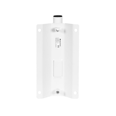 Suporte de parede branco em metal com etiqueta e orifícios de fixação