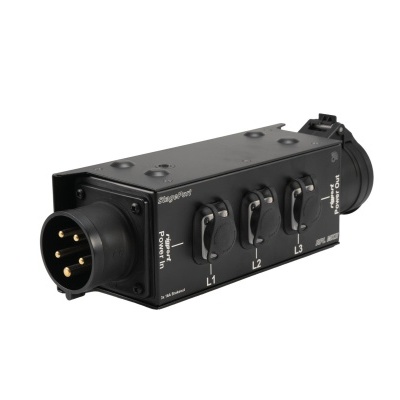 Distribuidor elétrico preto com disjuntores rotativos e conectores de pinos dourados.