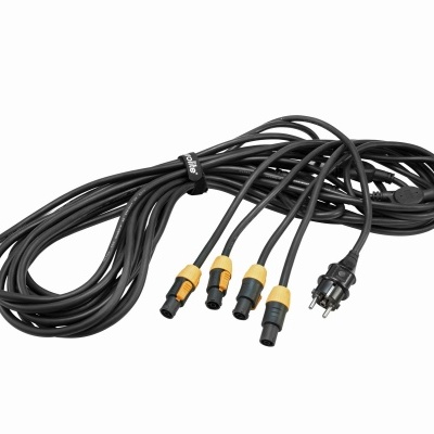 Cabo elétrico preto com quatro conectores terminais e ficha de tomada preta