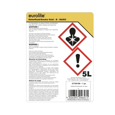 Frasco de líquido para máquina de fumaça de 5 litros da eurolite com rótulo amarelo, branco e símbolos de perigo