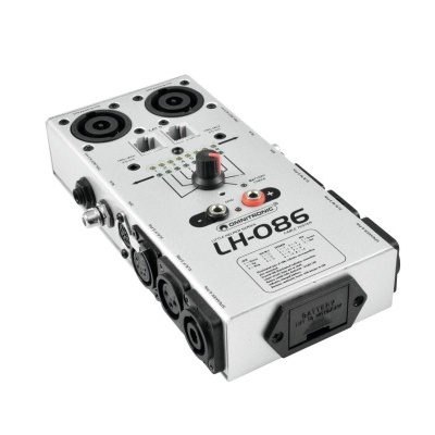 Mixer portátil de áudio metálico prateado com botões pretos e múltiplas conexões