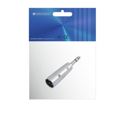 Cabo adaptador de áudio prateado em embalagem azul e branca OMNITRONIC