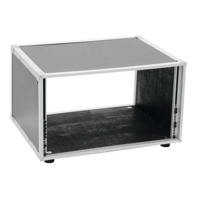 Estrutura aberta tipo estojo com armação metálica prateada e painéis de madeira preta