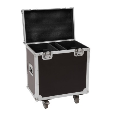 Caixa de transporte preta com armação de metal e rodas, tampa aberta com divisórias.