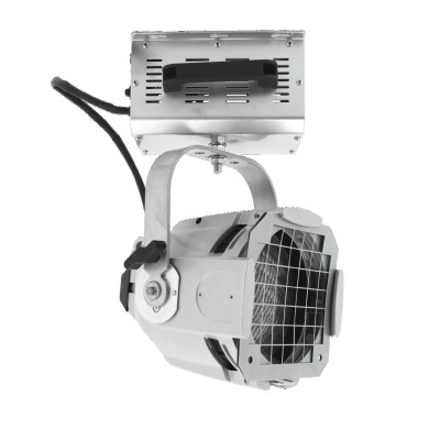 Projetor de luz metálico cinza com suporte e proteção de grade frontal