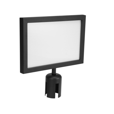 Suporte retangular preto com painel branco e base cilíndrica para fixação