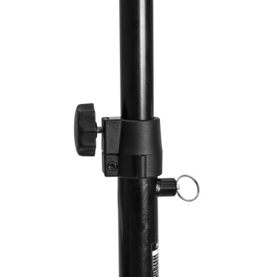 Suporte vertical metálico preto com mecanismo de ajuste e fixação