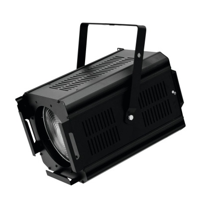 Projetor de luz preto com lente grande e suporte ajustável em fundo branco