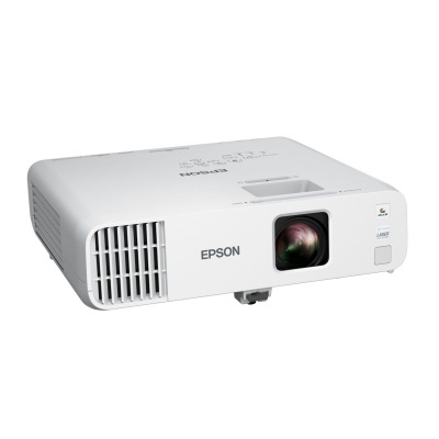 Projetor branco EPSON com lente frontal, ventilação e etiquetas de características.