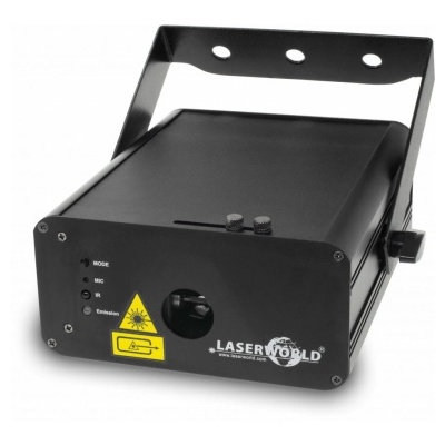 Aparato laser preto com suporte de metal e etiquetas de aviso