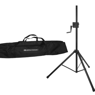 Suporte metálico preto com tripé e bolsa de transporte preta.