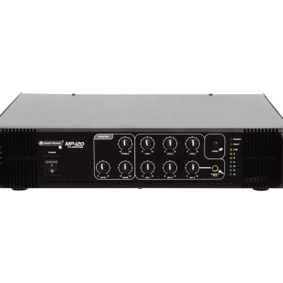 amplificador de som preto com botões e LEDs em fundo branco