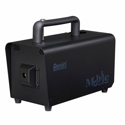 Máquina portátil para efeitos de fumo preta com punho rígido e inscrições na lateral