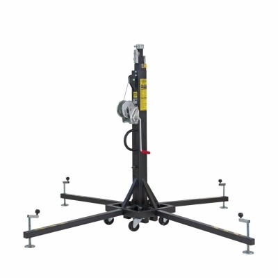 Suporte de elevação metálico preto com braços e rodízios