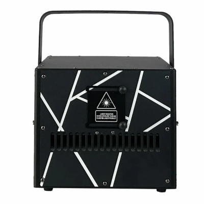 Equipamento eletrónico preto com padrões de linhas brancas e alça metálica