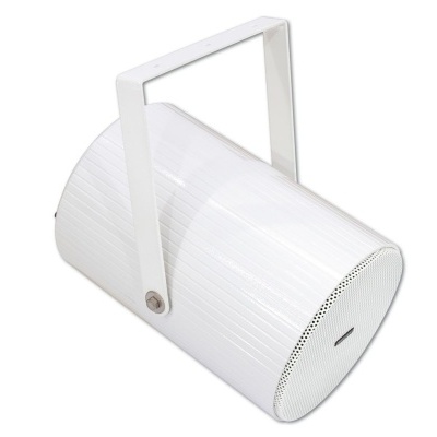 Coluna de som portátil branca cilíndrica com suporte e grelha frontal