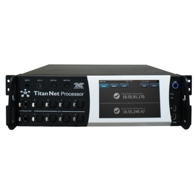 Processador de rede Titan Net Processor preto com painel branco e ecrã digital