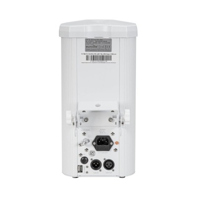 Coluna de som branca vista de trás com entradas e etiqueta