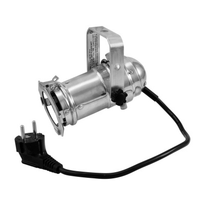 Refletor de palco metálico prateado com suporte e ficha elétrica preta