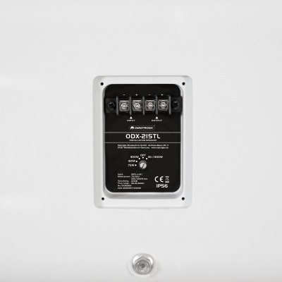 Painel traseiro branco de equipamento eletrônico ODX-215TL com placa preta e conectores