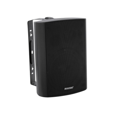 Coluna de som preta com grelha frontal e suporte de fixação