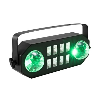 Luz de efeito LED para festas com lentes verdes e oito LEDs retangulares em corpo preto