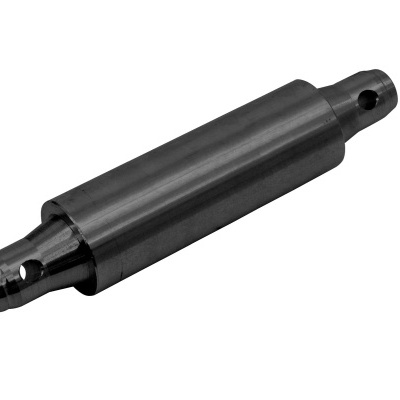 Cilindro mecânico metálico preto com orifícios nas extremidades