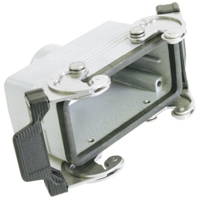 Conector industrial retangular cinza com fechos metálicos