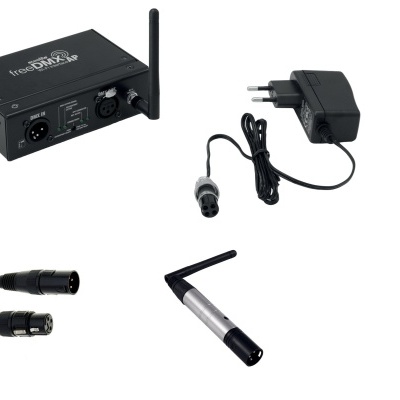 Equipamento áudio sem fios com recetor, emissor XLR e adaptador de corrente