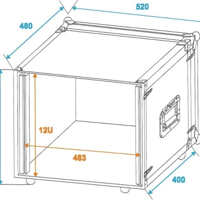 Esquema técnico de caixa flight case com dimensões e espaço interno 12U