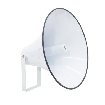 Coluna sonora branca com bocal em forma de cone e suporte metálico