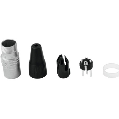 Peças de conector em metal e plástico dispostas em linha sobre fundo branco