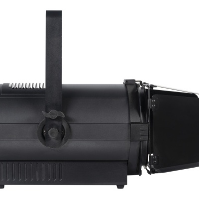 Reflector teatral preto com suporte ajustável e aba frontal para controlo da luz