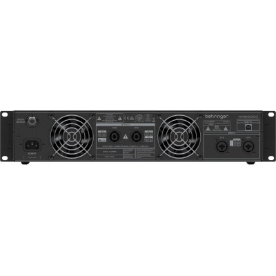 Amplificador de áudio BEHRINGER NX3000D preto com ventoinhas e conectores na parte traseira