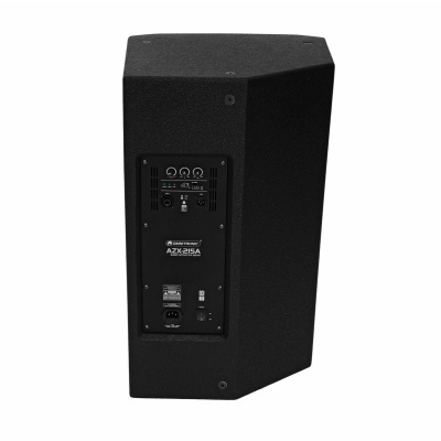 Coluna de som preta com painel traseiro visível