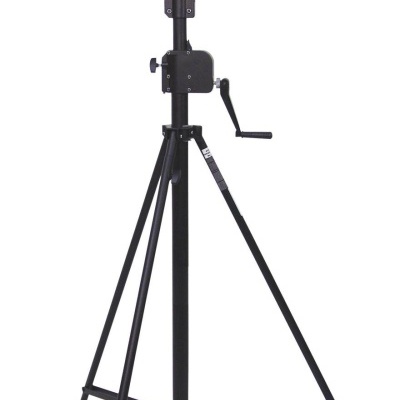 Cavalete de suporte tripé preto ajustável com manivela lateral em fundo branco