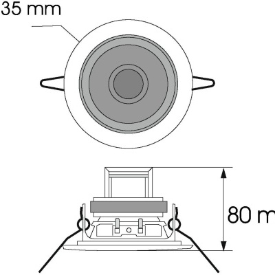 Desenho técnico de alto-falante embutido com dimensões de 135 mm e 80 mm