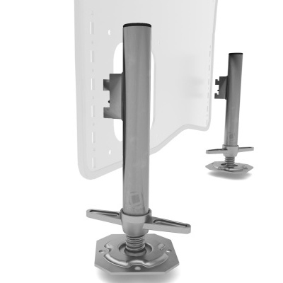 Suporte metálico prateado para painel branco com base ajustável