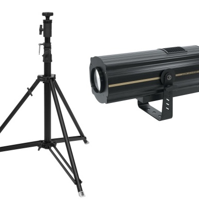 Projetor de luz preto metálico com tripé de apoio preto