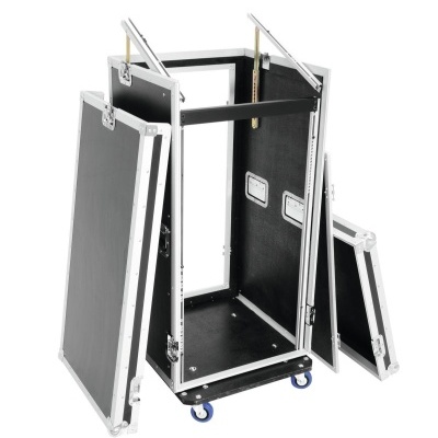 Mala de transporte preta aberta com tampa frontal e lateral removíveis e rodas azuis