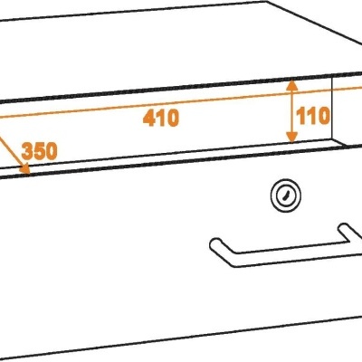 Móvel metálico branco com gaveta aberta e dimensões indicadas