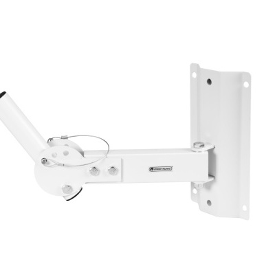 Suporte metálico branco para montagem na parede com ajuste.