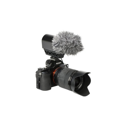 Câmara Sony com lente e microfone com proteção de pêlo cinza
